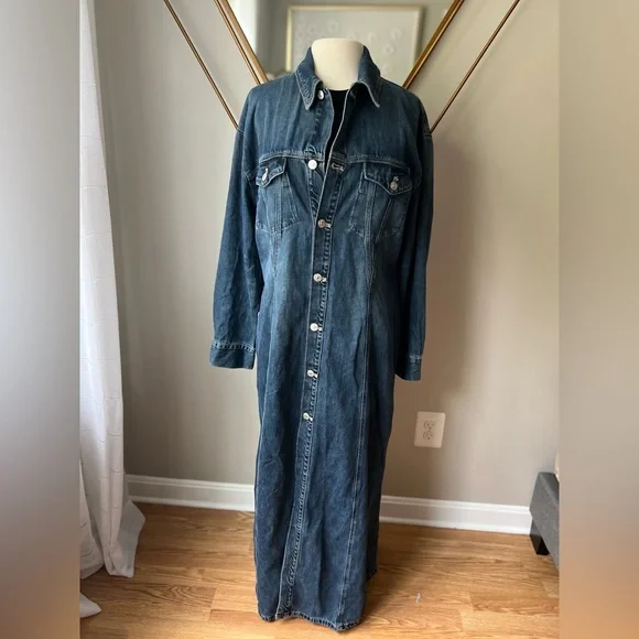 Zara Denim Maxi Dress & Long Blue Jean Jacket Trench Coat Womens XL 10 12 14 - Picture 6 of 12